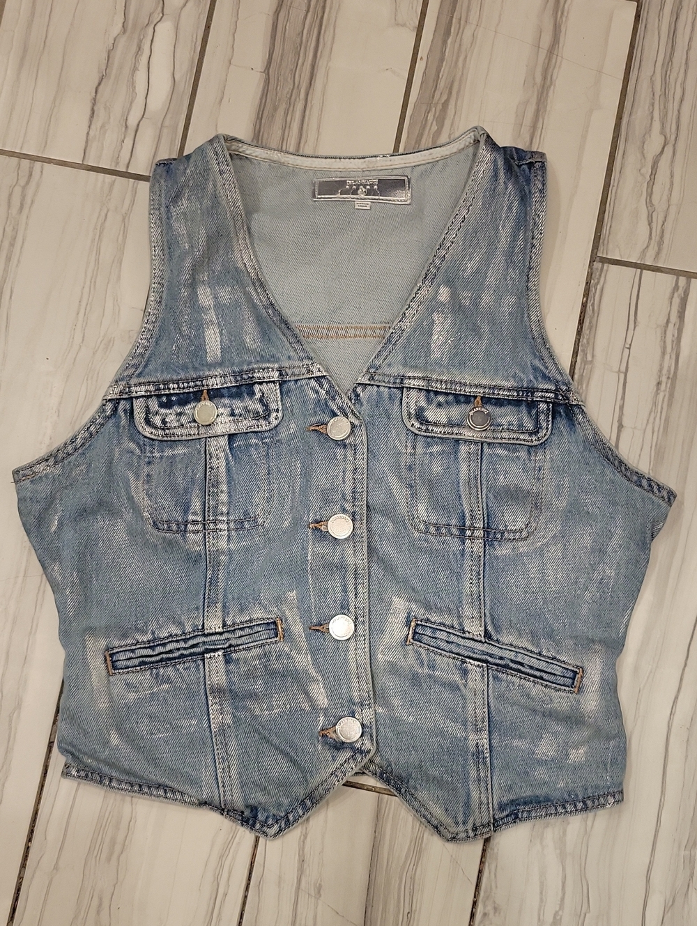 Denim Button-Front Vest - Light Blue With Metallic Sheen